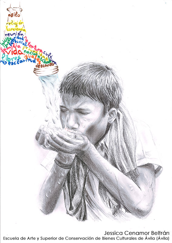 Dibujo de un joven bebiendo agua, de Jessica Cenamor Beltrán, de la Escuela de Arte y Superior de Conservación de Bienes Culturales de Ávila